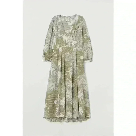Desmond & Dempsey x H&M Linen Pleated Palm Tree Green White Midi Dress Sz. XS - Picture 1 of 7